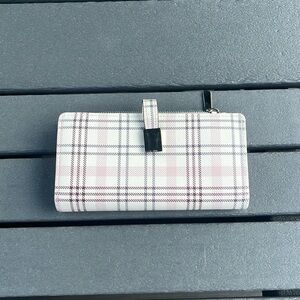 ‘Safe Keeper’ Pink&White Plaid Wallet;Tan Interior; 4x7.5in; Snap&Zip closure